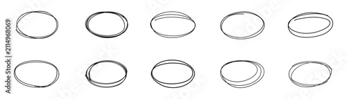 Hand-drawn chalk pencil ovals of different widths. Doodle marks circle and oval stroke. Outline red drawing line clipart symbol.
