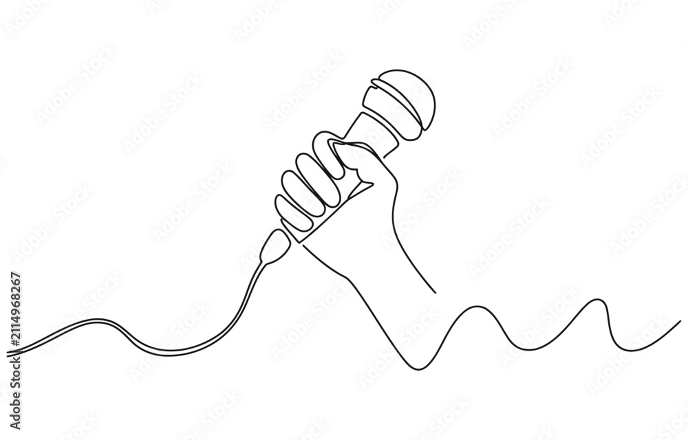 Obraz premium Continuous One Line Drawing of a Hand Holding a Microphone.