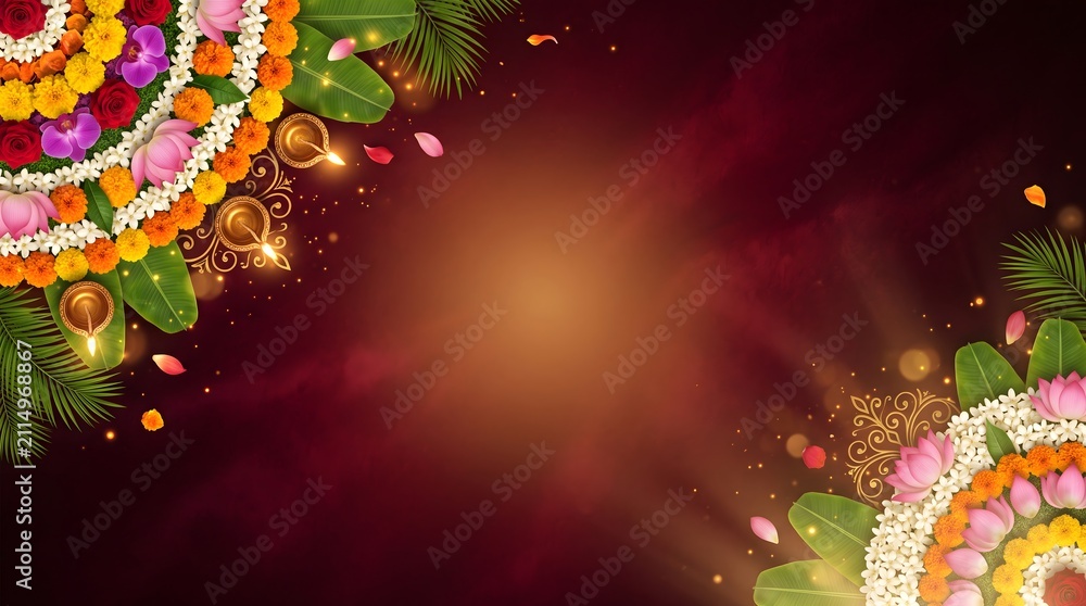 Obraz premium Onam festival background with pookalam floral rangoli with floral decoration glowing