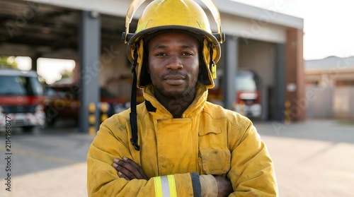 Brave Firefighter's Gaze: A portrait of a determined firefighter in full protective gear, standing with arms crossed in front of a fire station, exuding confidence and readiness.
