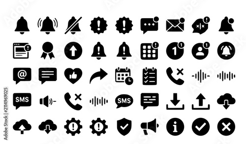 Obraz na plátne 30 Black and White Notification Icons Vector Set for Mobile Apps and User Interf