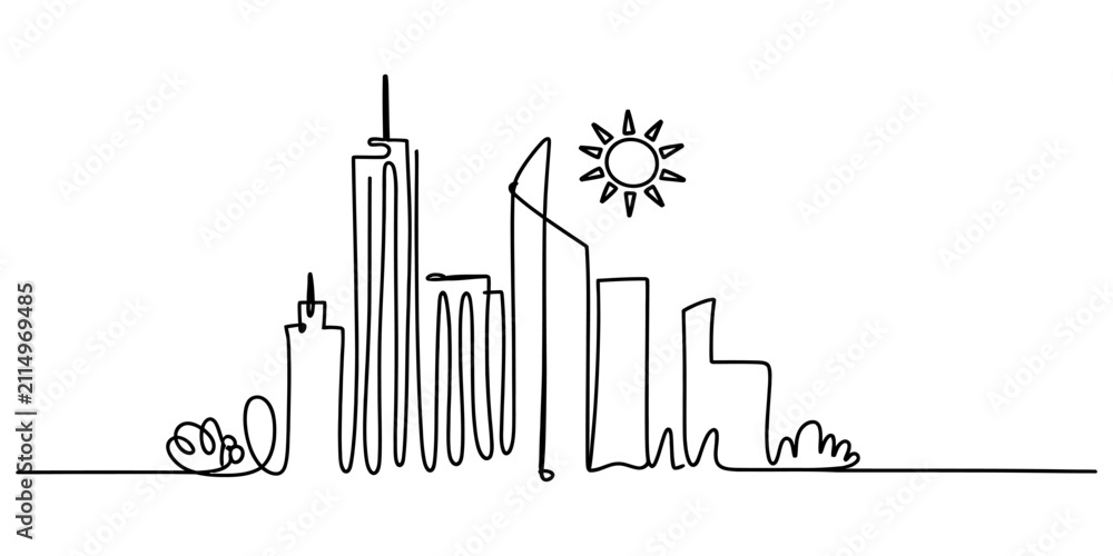 Fototapeta premium Continuous single line drawing of a modern city skyline with tall buildings and a bright sun isolated on a clean white background for design Vector, illustration