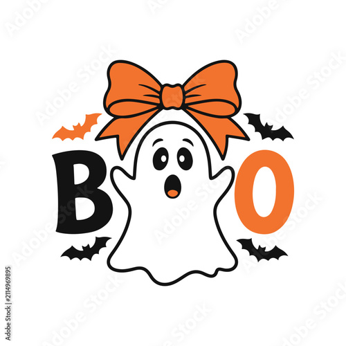 Foto Cute Halloween Ghost with Orange Bow and Bats Spooky Boo Vector Illustration