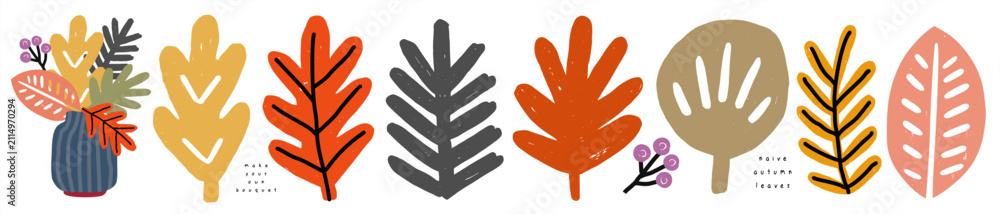Obraz premium Autumn leaves. Naive vector illustrations of stylized playful abstract leaves, berries, tree and a decorative bouquet on transparent background for seasonal print, card, icons and nursery decor