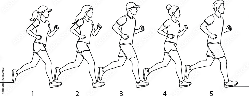 Fototapeta premium Continuous Line Art Running People Vector Set with Men and Women Jogging Side by Side for Fitness Apps Marathons and Sports Event Branding