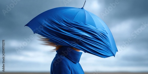 Blue umbrella blown inside out by strong wind gust outdoors