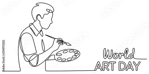Continuous line drawing of a young male artist painting with a brush and palette for world art day celebration isolated on white background Vector, illustration