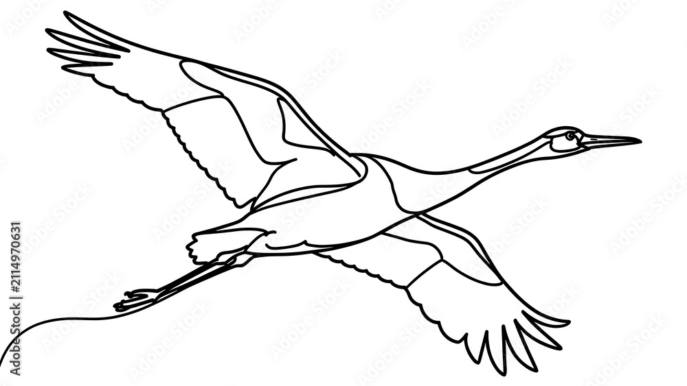 Fototapeta premium Flying crane bird illustration white background.