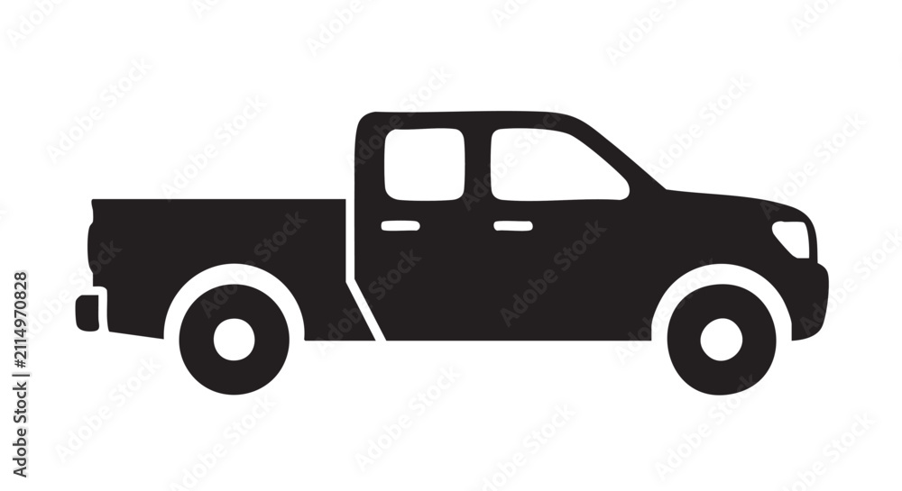 Naklejka premium Black pickup truck silhouette icon for transportation design projects.
