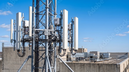 Cell tower antenna on rooftop, telecommunication and network infrastructure macro close-up, technology detail, industrial background