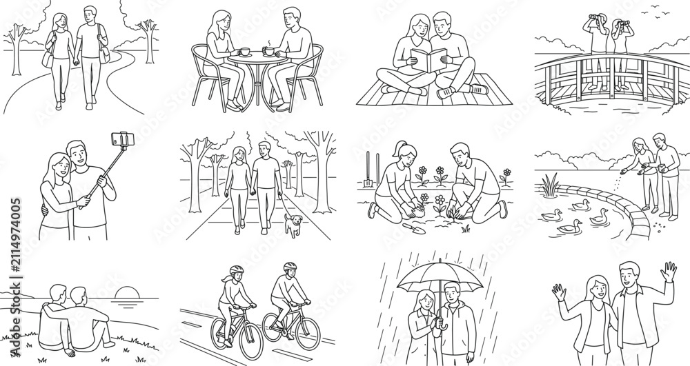 Fototapeta premium Couple Outdoor Lifestyle Activities Line Art Collection with Romantic Daily Moments Illustration SetCouple Outdoor Lifestyle Activities Line Art Collection with Romantic Daily Moments Illustration Set