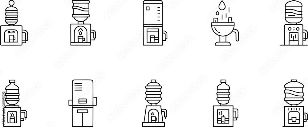 Fototapeta premium Water dispenser silhouettes collection, beverage machine icons, hydration illustration, drink design, minimalist black vector artwork