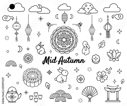Mid Autumn festival line art doodle vector art hand drawn chinese mooncake and jake rabbit icon collection