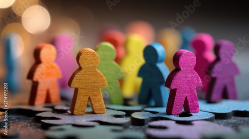 Colorful wooden figures stand on puzzle pieces representing diversity and community. Teamwork concept for.