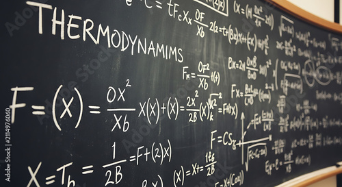 Blackboard displays complex thermodynamics mathematical formulas written in white chalk for educational purposes.