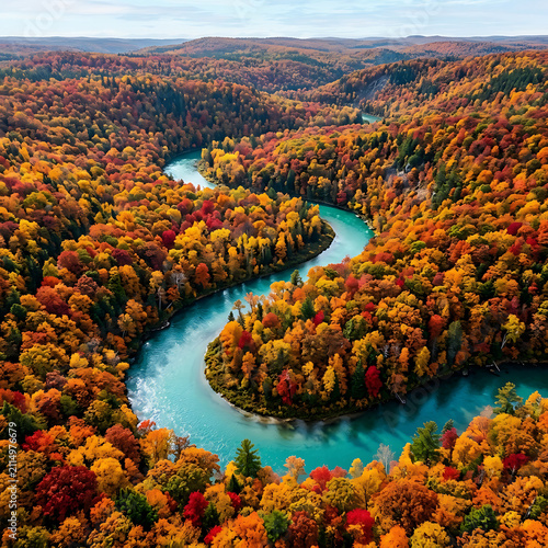 Aerial view of winding river snaking through vibrant autumn forest with colorful trees during bright sunny fall day.