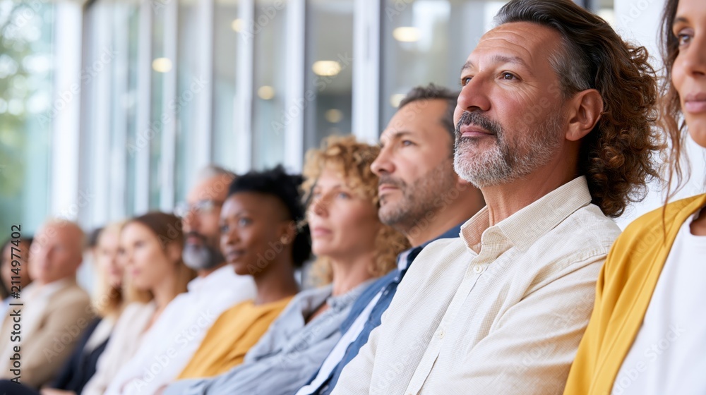 Fototapeta premium Diverse audience listening in bright meeting room
