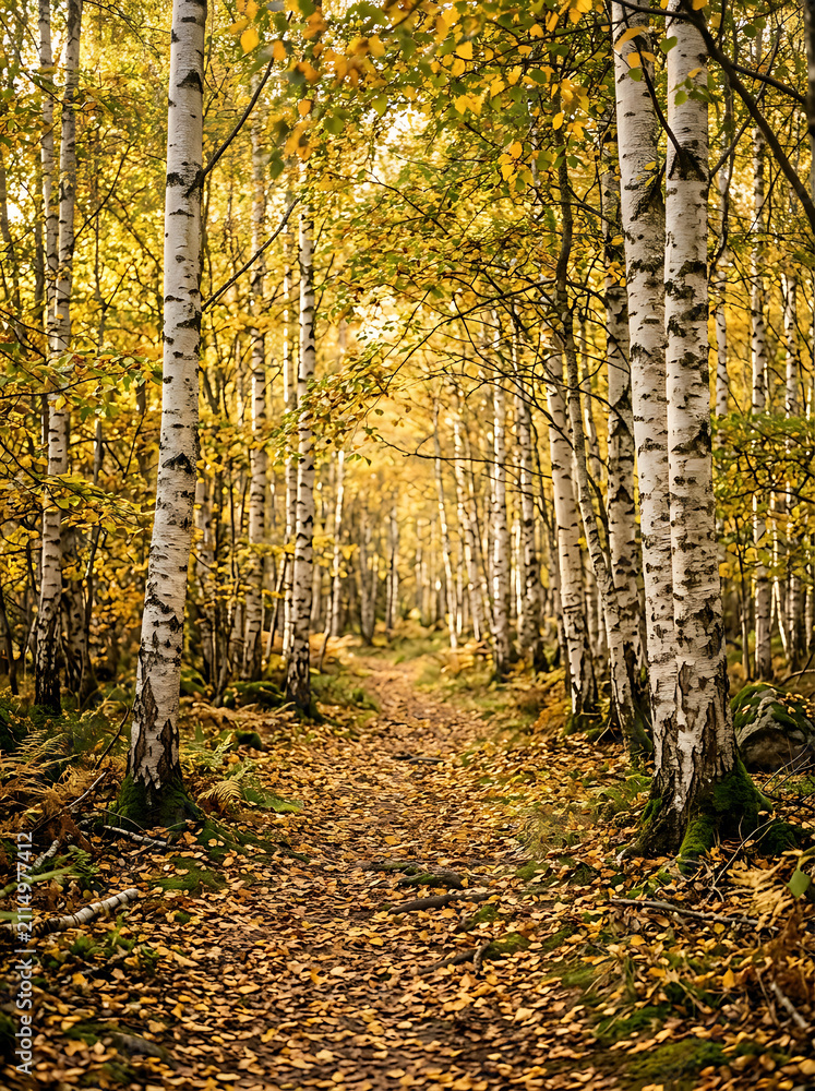 Fototapeta premium Autumn forest pathway winding through white birch trees with golden leaves falling on ground in woodland sunny scene.