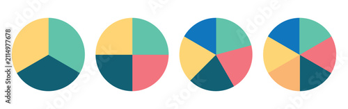 Circle divided into 3, 4, 5, 6 equal segments. Colorful arrows diagram icon set. Circle pie chart diagram. Circle division infographic icon collection. 