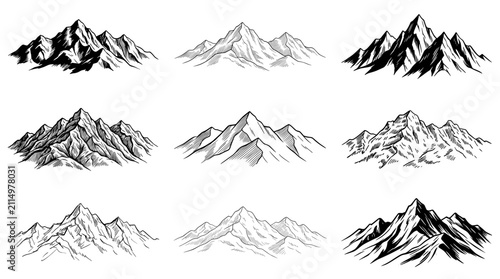 Collection of hand drawn mountain silhouettes with ink sketch texture for wilderness branding