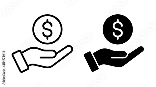 hand holding dollar coin icon set, financial support and investment profit, digital payment symbols