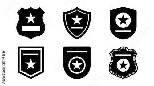 Set of police badge icons with star emblems, law enforcement symbols, security and justice signage