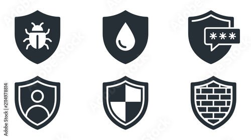Set of cybersecurity shield icons with bug droplet password user and firewall symbols for digital
