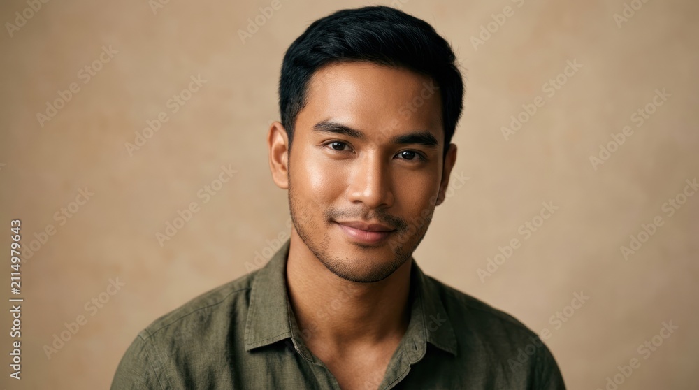 Obraz premium A man with dark hair wearing a green shirt, standing against a beige background.
