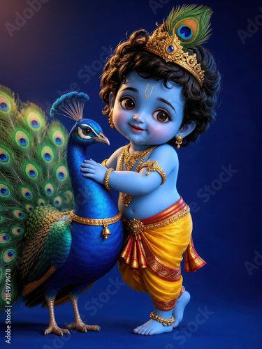Cute baby krishna standing next to a peacock with large colorful feathers spread generated using ai