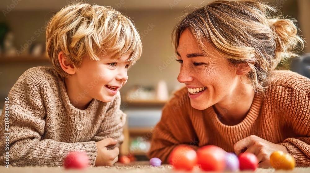 Obraz premium A mother and son share a loving and joyful moment, smiling at each other.