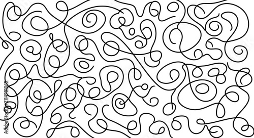фотографія Abstract black and white pattern of tangled, curly, and wavy lines forming a complex, doodle-like design across the entire frame