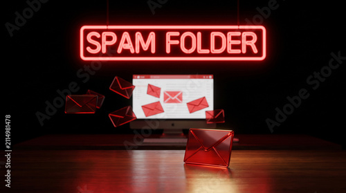 Glowing neon spam folder sign illuminating multiple red digital mail envelopes inside dark modern office space