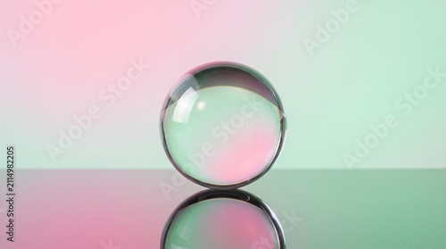 a clear transparent glass sphere resting on a reflective surface against a smooth pastel gradient background in soft pink and light green tones, creating a minimalist and serene concept.