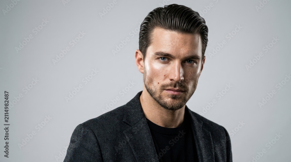 Fototapeta premium A man with slicked-back hair wearing a black suit jacket and black shirt, standing against a plain white background.