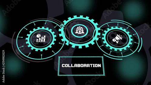 Business Collaboration concept with futuristic digital dashboard showcasing teamwork, communication, shared innovation, enterprise productivity and strategic partnership.