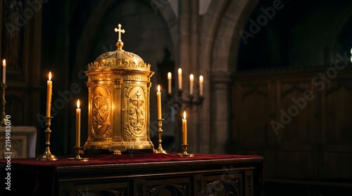 Golden reliquary with lit candles in dark church, sacred artifact and religious devotion catholic tradition, sacred worship, religious devotion