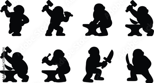 Принти на полотні Silhouettes of blacksmiths and cutters performing various manual labor and craft