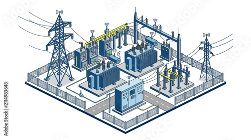 Isometric Electric Power Substation with Transmission Towers and Transformers
