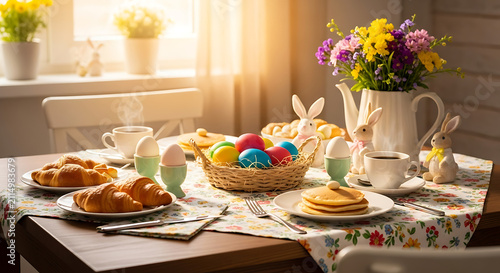 Easter breakfast table displays colorful eggs and fresh pastries in a sunlit dining area.