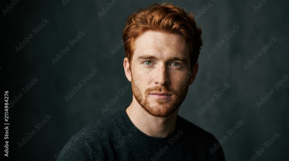 Fototapeta premium A man with red hair and beard, wearing a dark sweater, against a dark background.