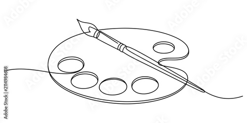 Continuous single line drawing of an artist paint palette and a brush for creative art