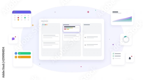 Interactive SaaS Task Management Kanban Board UI Animation with Analytics Calendar and Team Chat, Business Productivity Collaboration Project Dashboard Concept