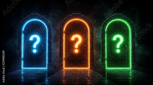 3D illustration of three closed doors glowing in blue, orange, and green lights with glowing question marks on each door against a black background, representing choice, decision-making, and mystery