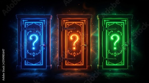 3D illustration of three closed doors glowing in blue, orange, and green lights with glowing question marks on each door against a black background, representing choice, decision-making, and mystery