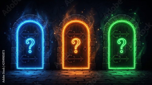 3D illustration of three closed doors glowing in blue, orange, and green lights with glowing question marks on each door against a black background, representing choice, decision-making, and mystery
