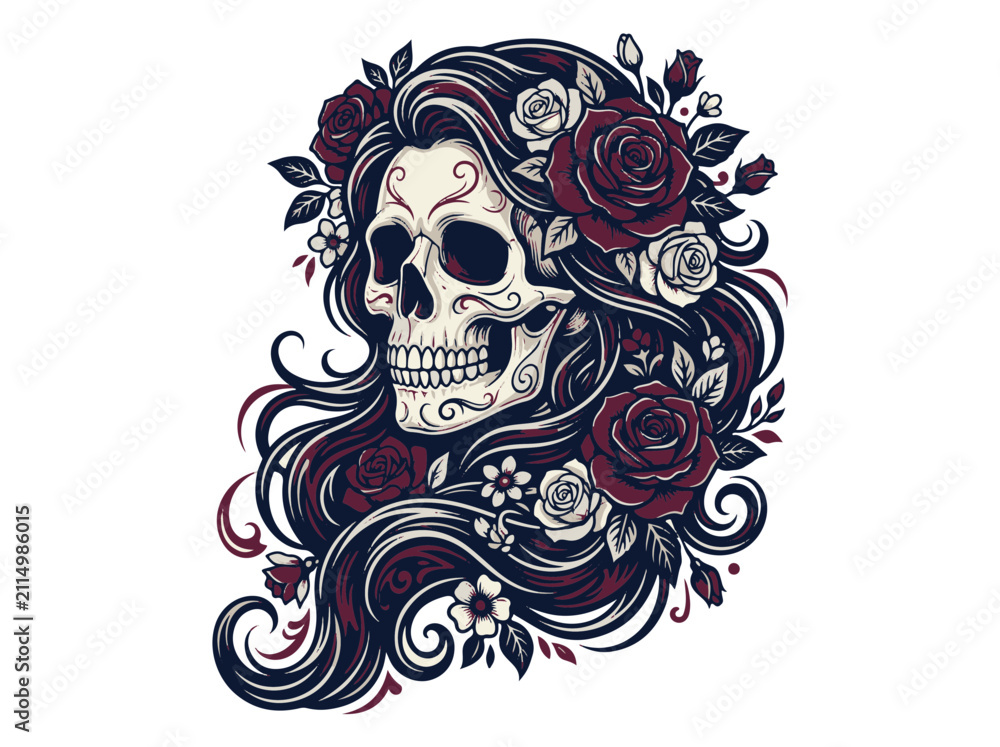 Fototapeta premium Sugar Skull Woman with Roses and Swirling Hair Day of the Dead Style Art