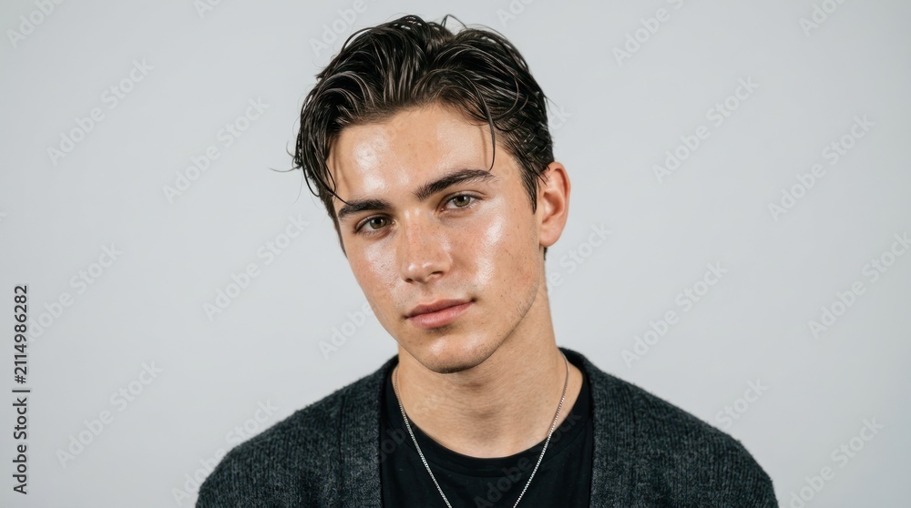 Obraz premium A young man with short hair, wearing a black shirt and a gray sweater, standing against a plain white background.