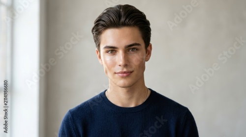 A young man with dark hair wearing a blue sweater, standing in a minimalist indoor setting with a light-colored wall.