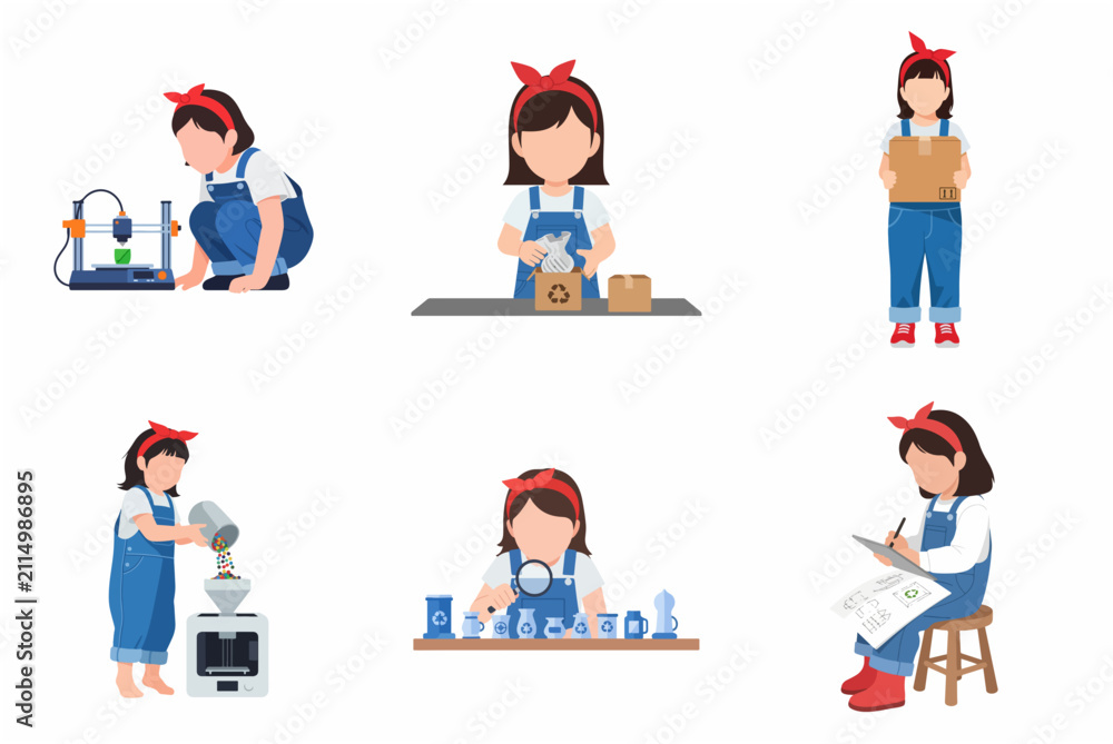 Fototapeta premium Set of illustrations of a young girl engaged in sustainable manufacturing, 3D printing, and eco-friendly recycling processes. Child learning circular economy and creative production.