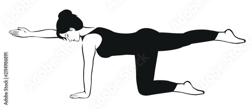 Foto Minimalist black and white vector silhouette of a woman performing the Bird Dog Pilates exercise in quadruped position